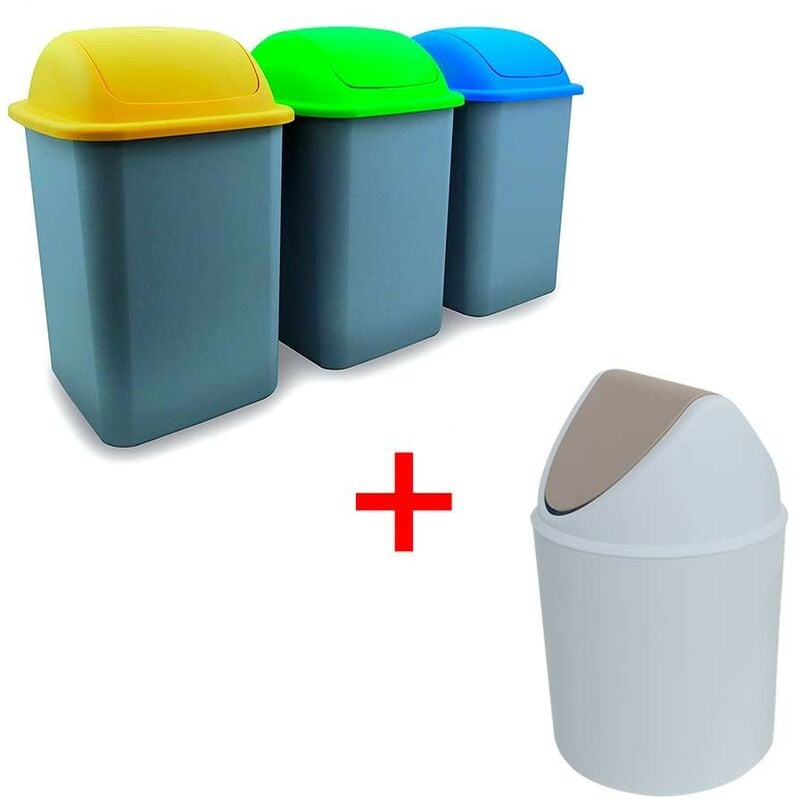 foto del prodotto tris pattumiere con coperchio oscillante 18 l blu,giallo,verde raccolta differenziata pattumiera da 6 lt inclusa nel tris inca