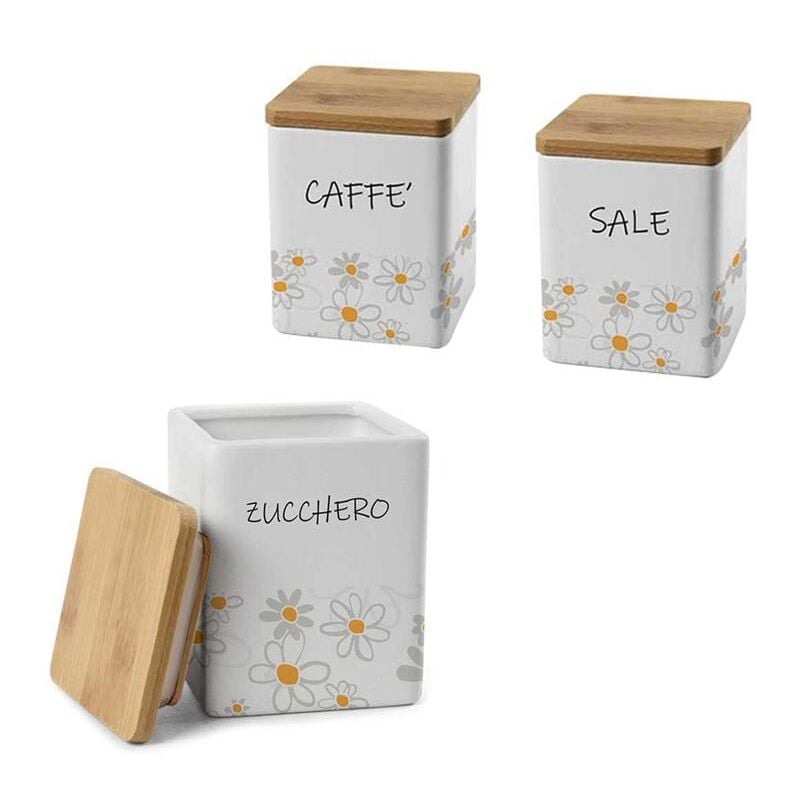foto del prodotto tris quadrato daisy sale. zucchero e caff in ceramica con tappo in legno 10x13 cm