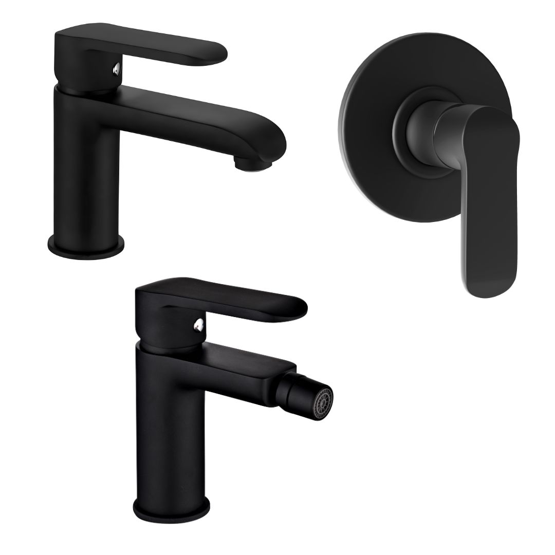 foto del prodotto tris rubinetti miscelatori bidet lavabo doccia ad incasso linea puma nero opaco