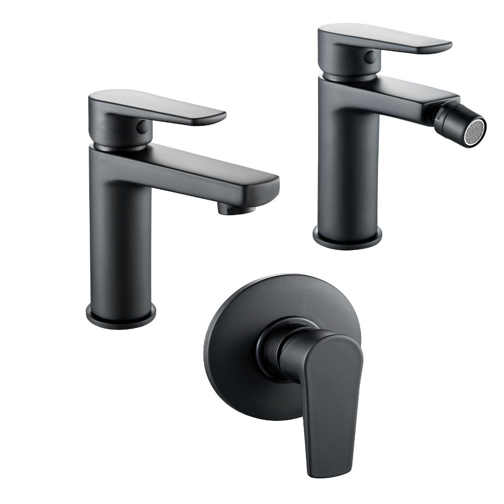 foto del prodotto tris rubinetti miscelatori bidet lavabo doccia incasso linea africa nero opaco