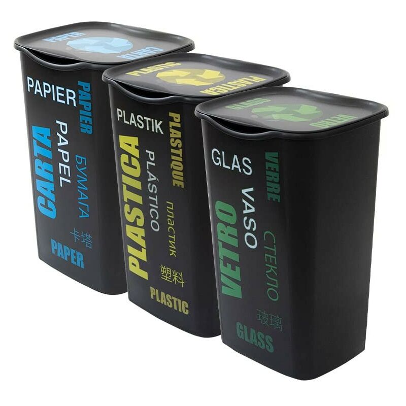 foto del prodotto tris set contenitori raccolta differenziata con coperchio 50 litri carta ,plastica e vetro inca
