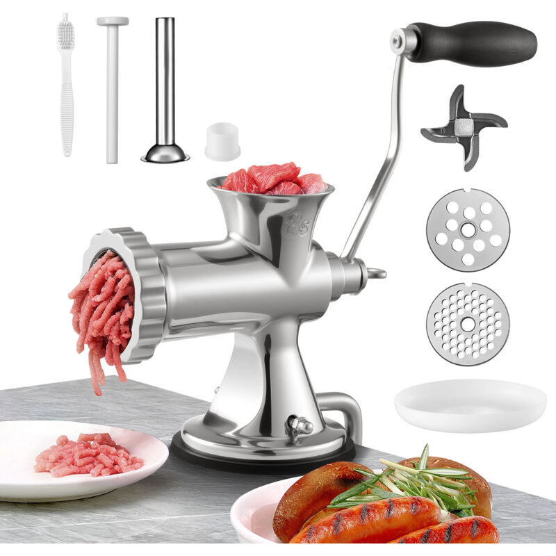 foto del prodotto tritacarne manuale, tritacarne a manovella in acciaio inox 304 con ventosa e morsetto da tavolo in acciaio, include 2 piastre di taglio, tubo per