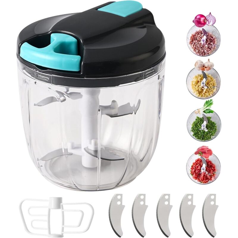 foto del prodotto tritatutto manuale per cipolle, affettatrice per verdure da 900 ml, tritatutto per cipolle con 5 lame in acciaio inox e 1 frullatore, tritatutto