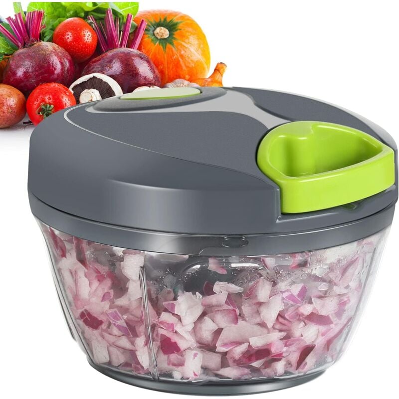 foto del prodotto tritatutto manuale per robot da cucina, tagliacipolle portatile con cordino per verdure, zenzero, frutta, noci, erbe aromatiche, ecc., 2 tazze, grigio