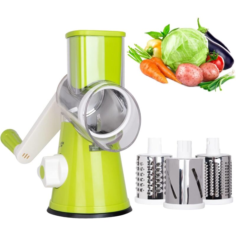 foto del prodotto trituratore rotante, affettatrice per verdure a 3 lame, macina noci, tagliaverdure manuale con manico