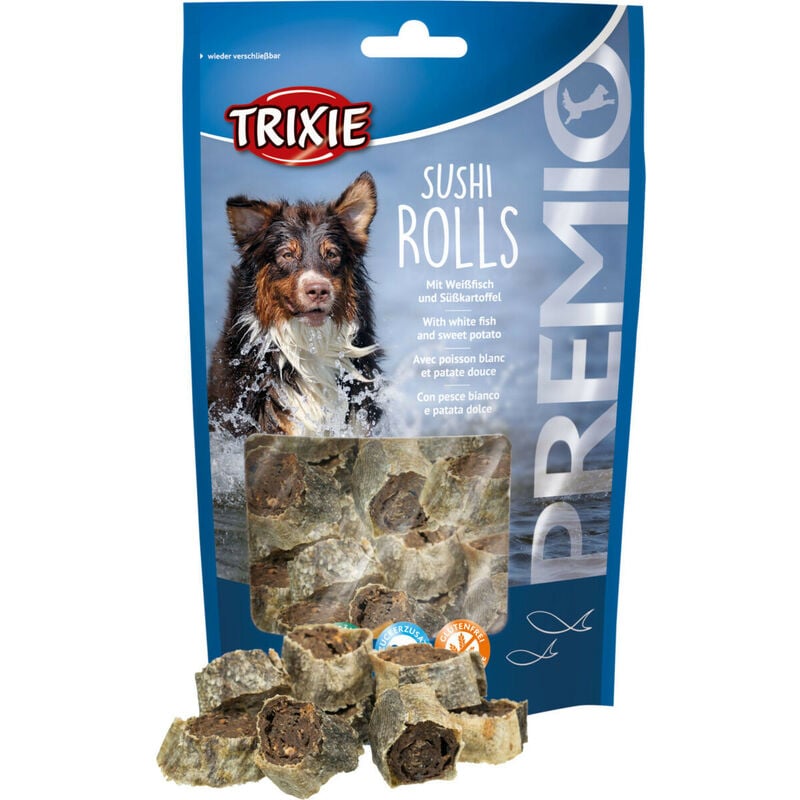 foto del prodotto trixie premio sushi rolls con pesce bianco e patata dolce per