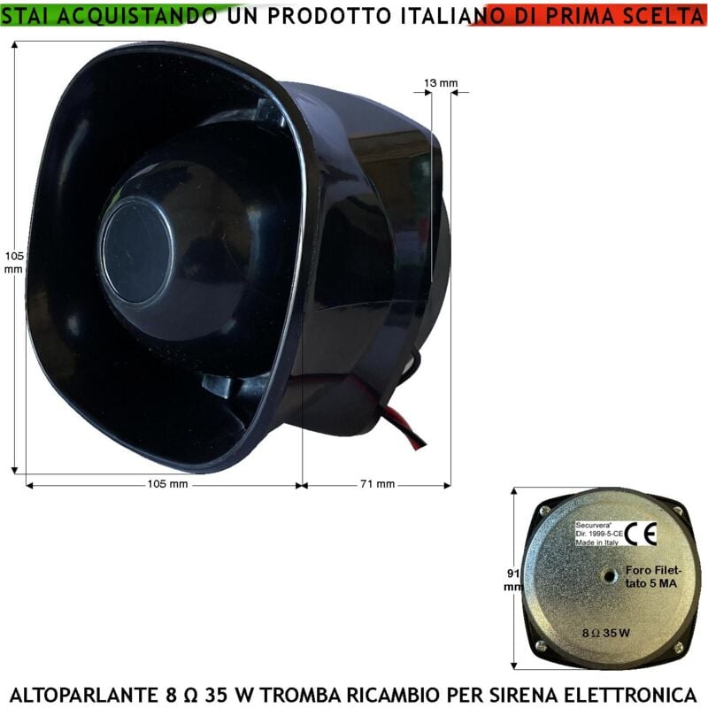 foto del prodotto tromba esponenziale o altoparlante magnetodinamico 8 ohm 40 w tweeter suoni alta frequenza da 750 5,1 khz ricambio sirene antifurto qualsiasi marca