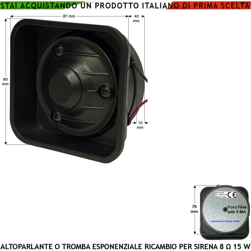 foto del prodotto tromba ricambio sirena allarme altoparlante impedenza 8 potenza 15 w suoni alta frequenza da 1,3 2 khz 100 db membrana oscillante abs su magnete