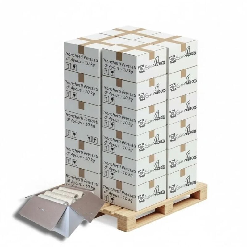 foto del prodotto tronchetti da ardere in legno pressato 360 kg, 36 scatole da 10 kg