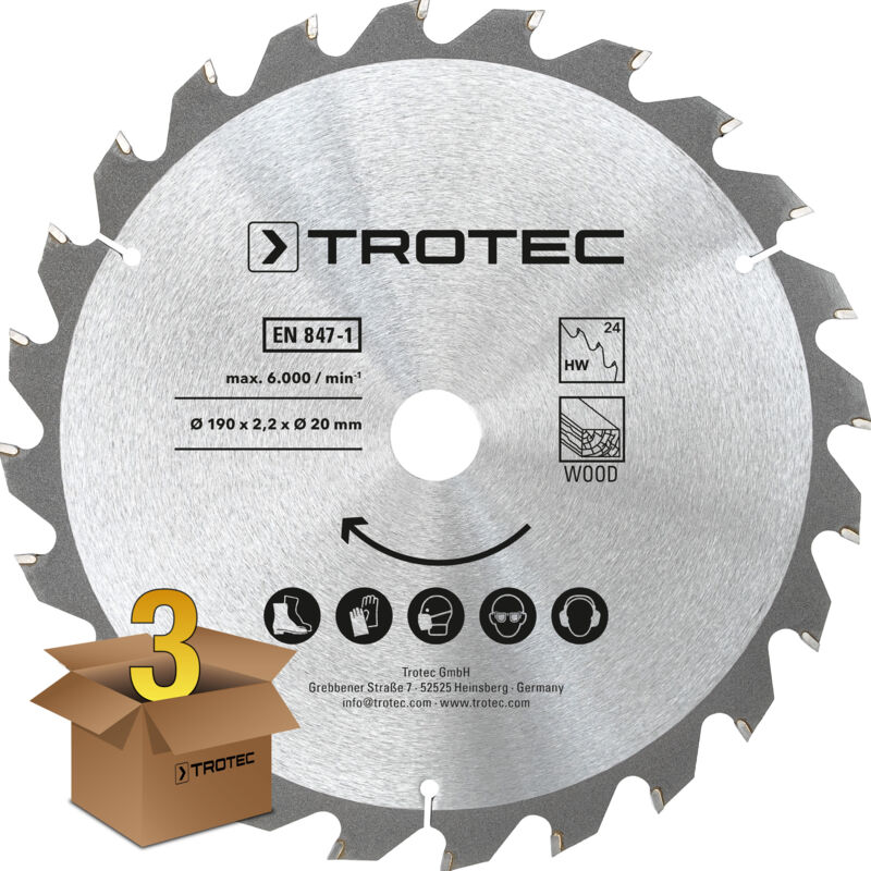foto del prodotto trotec set di lame per seghe circolari per legno 190 mm 24 denti , 3 pezzi