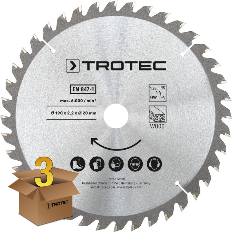foto del prodotto trotec set di lame per seghe circolari per legno 190 mm 40 denti , 3 pezzi