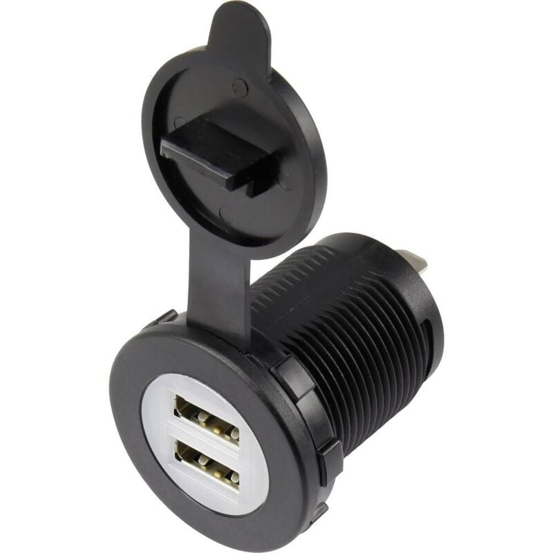 foto del prodotto tru components presa doppia da incasso usb dotata di cappuccio di protezione antipolvere presa verticale 2 vie, frontale tondo 36,8