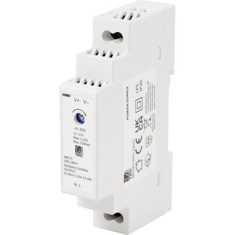 foto del prodotto tru components tc 10580800 alimentatore per guida din 12 v dc 1.25 a 15 w num. uscite 1 x contenuto 1 pz.