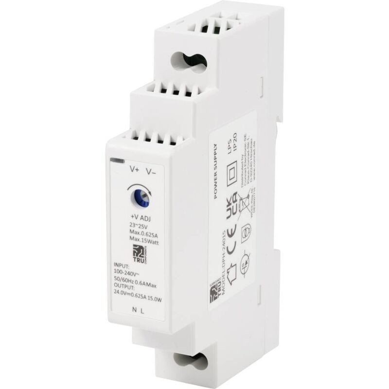 foto del prodotto tru components tc 10580804 alimentatore per guida din 24 v dc 0.625 a 15 w num. uscite 1 x contenuto 1 pz.