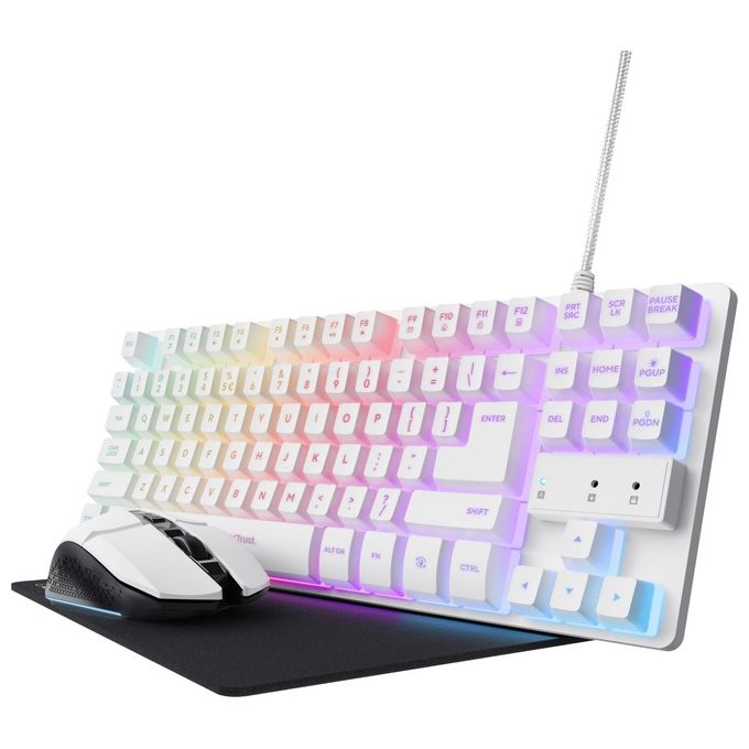 foto del prodotto trust gaming gxt 794w kit 3-in-1 mouse e tastiera gaming tkl layout italiano qwerty bianco