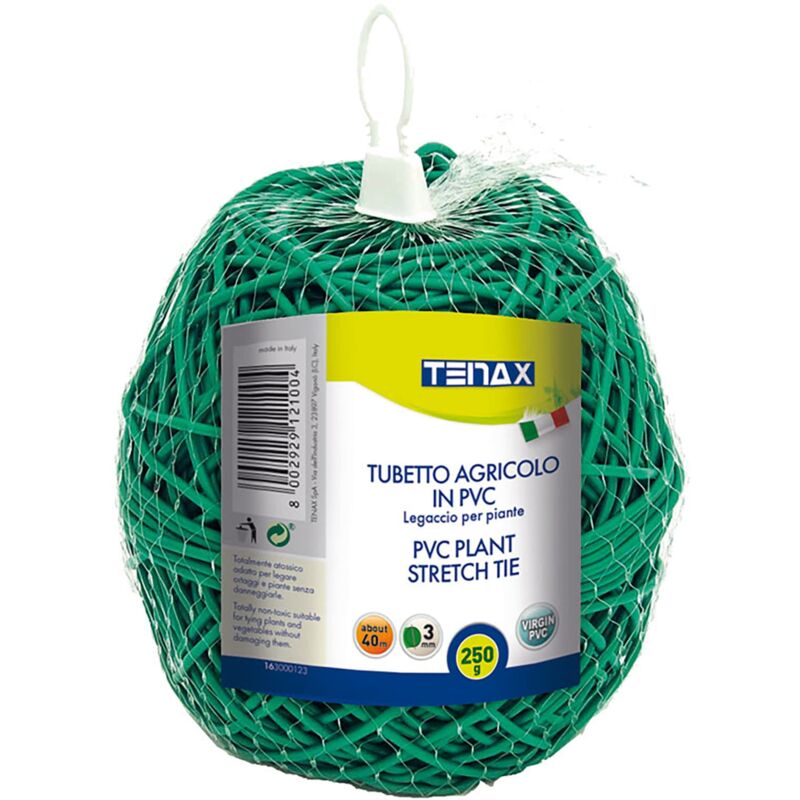 foto del prodotto tubetto agricolo verde 250g diametro 3mm, legatura in pvc per piante, ortaggi e fiori, lunghezza circa 40 m tenax