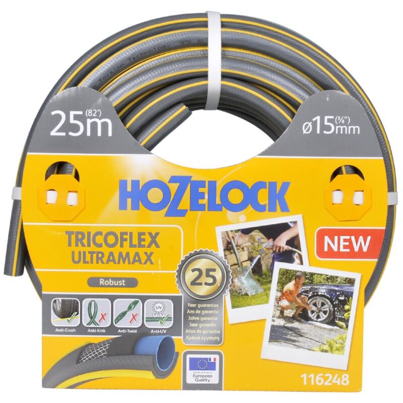 foto del prodotto tubo da giardino antischiacciamento strisce grigie gialle 3d 48 uc pal 15mm 20m hozelock