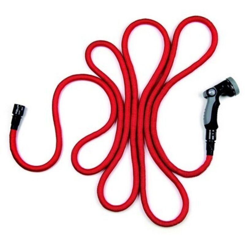 foto del prodotto tubo da giardino bamboo estensibile antinodo e antitorsione 5-15 mt rosso con raccordi e pistola 7 getti soft touch leggero e compatto rosso 5-15 mt