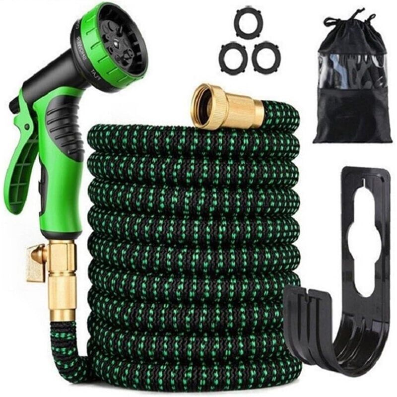 foto del prodotto tubo da giardino estensibile 30 m tubo da giardino retrattile da 100 piedi con supporto e pistola per irrigazione a 9 funzioni raccordi in ottone,