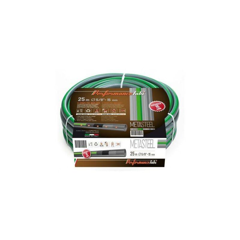 foto del prodotto tubo da giardino m ta steel a 5 strati in pvc doppio rinforzo tessile trecciato e magliato diametro 15 mm 5 8 di pollice, lunghezza 25 metri