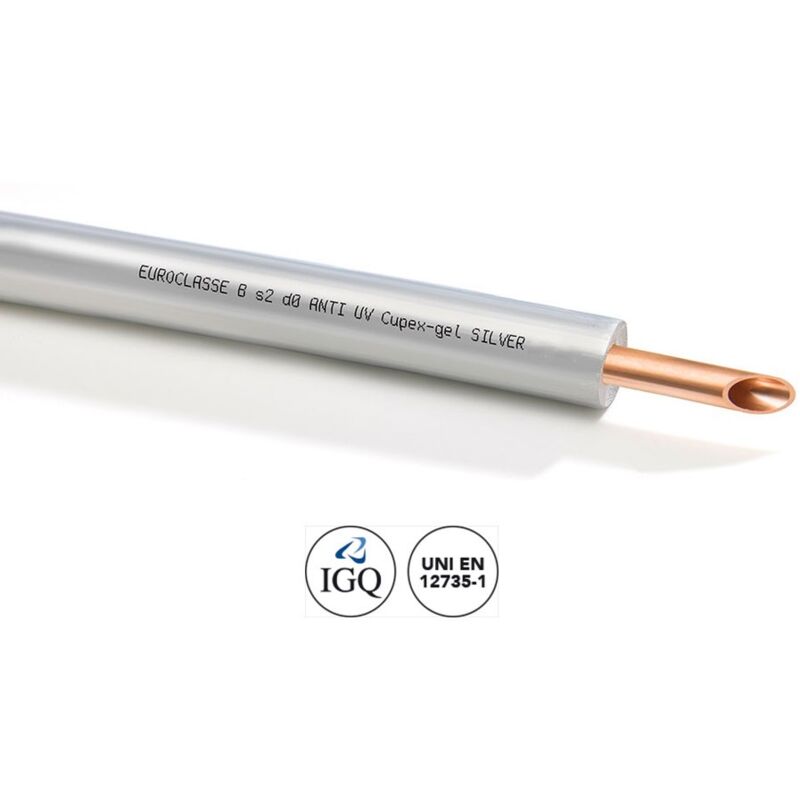 foto del prodotto tubo di rame cupex gel silver 5 8 x 1 d. 15,87 mm rivestito da guaina. spessore rivestimento 9 mm. per climatizzazione. prezzo a metro minimo