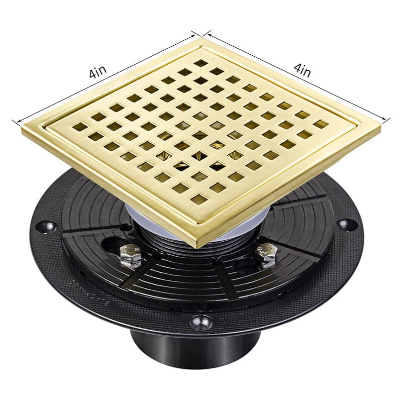foto del prodotto tubo di scarico per doccia da 4 pollici circa 10,2 cm , copertura per scarico doccia dorata, scarico a pavimento in acciaio inossidabile con