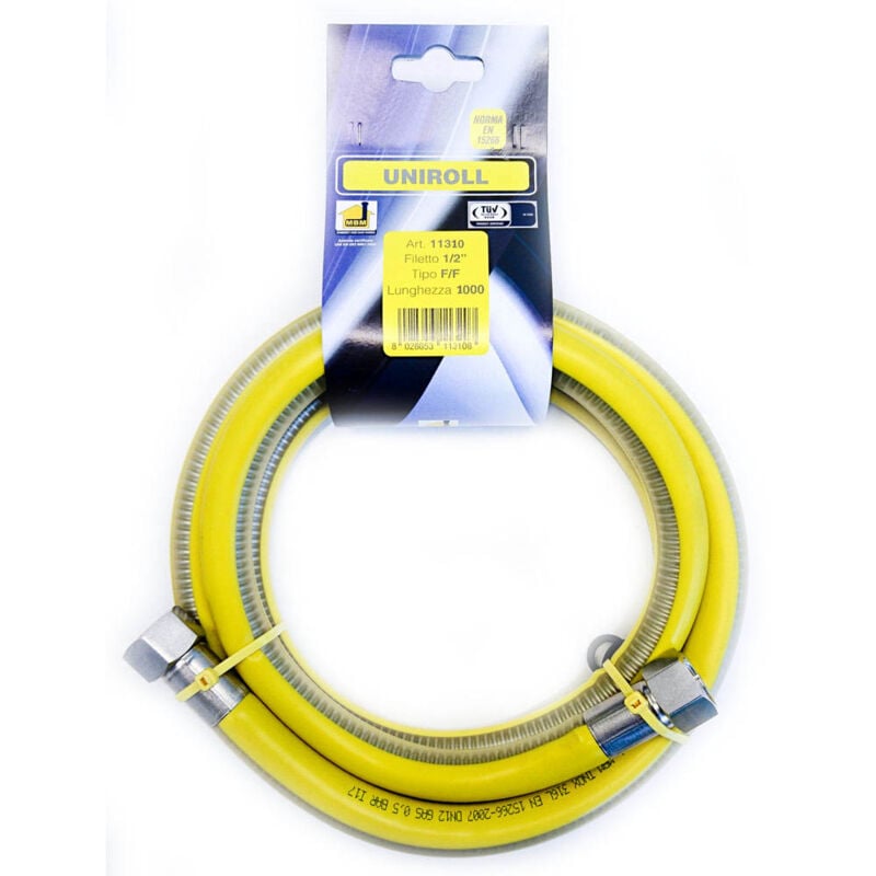 foto del prodotto tubo flessibile a parete continua in acciaio inox per gas con nippli e guancetta in ottone en 15266 ce 100 cm