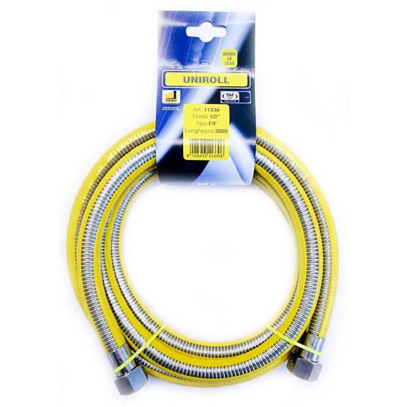 foto del prodotto tubo flessibile a parete continua in acciaio inox per gas con nippli e guancetta in ottone en 15266 ce 300 cm