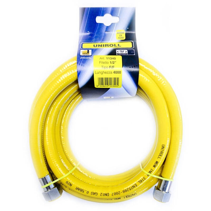 foto del prodotto tubo flessibile a parete continua in acciaio inox per gas con nippli e guancetta in ottone en 15266 ce 400 cm