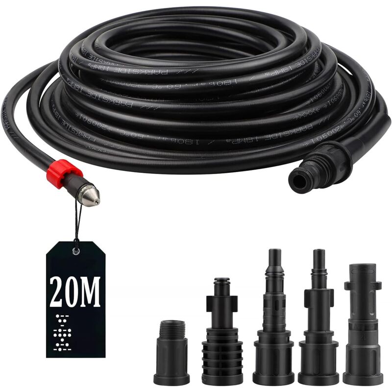 foto del prodotto tubo flessibile da 20 m per idropulitrice ad alta pressione 5 adattatori 180 bar 60 c, kit per la pulizia dei tubi per idropulitrice ad alta
