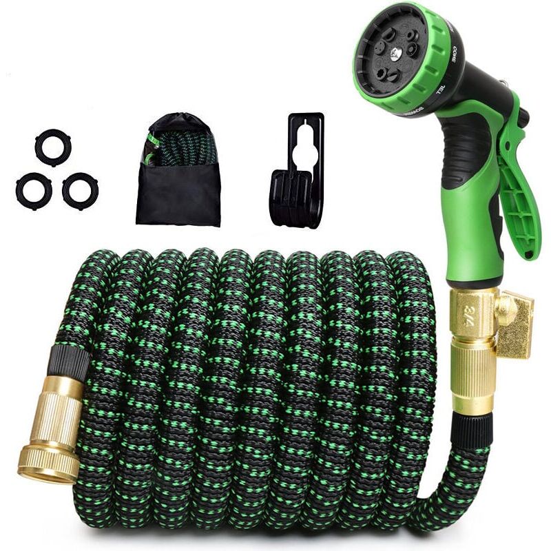 foto del prodotto tubo flessibile da giardino estensibile 15 m, tubo flessibile da giardino con supporto e pistola per irrigazione a 10 funzioni, raccordi per tubo