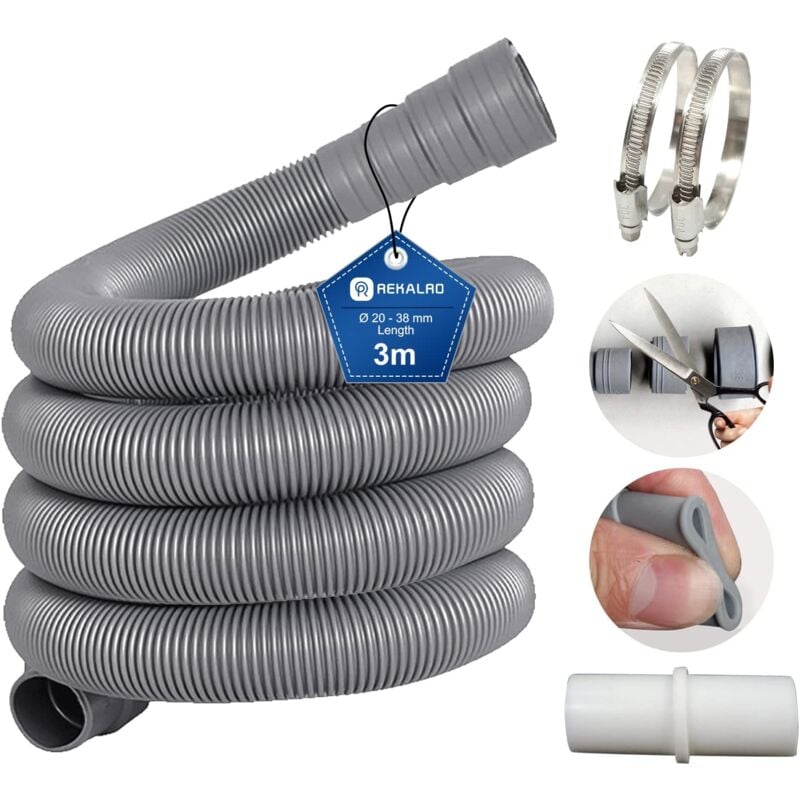 foto del prodotto tubo flessibile di scarico dell acqua sporca da 3 m per lavatrice con connettore per tubo flessibile di scarico e 2 morsetti prolunga per tubo