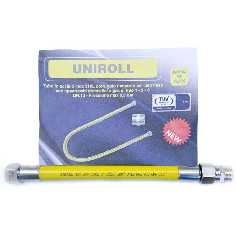 foto del prodotto tubo flessibile gas 0,5 mt 1 2 dn12 mm. mf inox a norma en 15266 per piano cottura cucina uniroll
