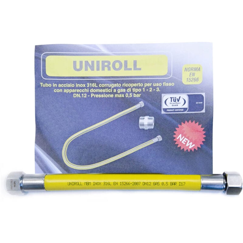 foto del prodotto tubo flessibile gas 0,5 mt 1 2 ff inox a norma en 15266 per piano cottura cucina uniroll