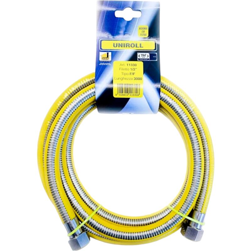 foto del prodotto tubo flessibile gas 1 mt 1 2 ff inox a norma en 15266 per piano cottura cucina uniroll