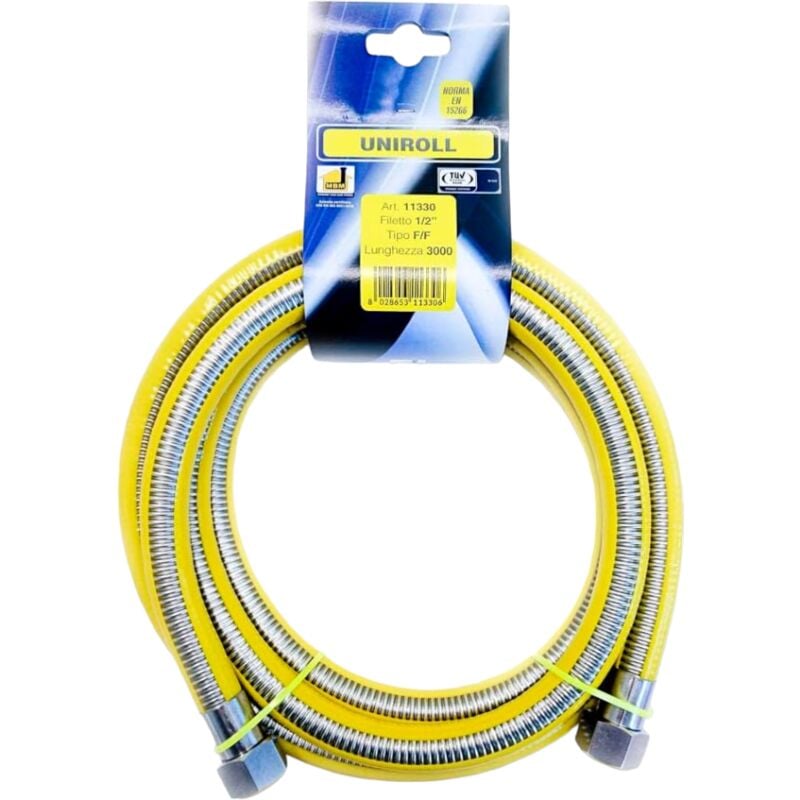 foto del prodotto tubo flessibile gas 3 mt metri 1 2 ff inox a norma en 15266 per piano cottura cucina uniroll