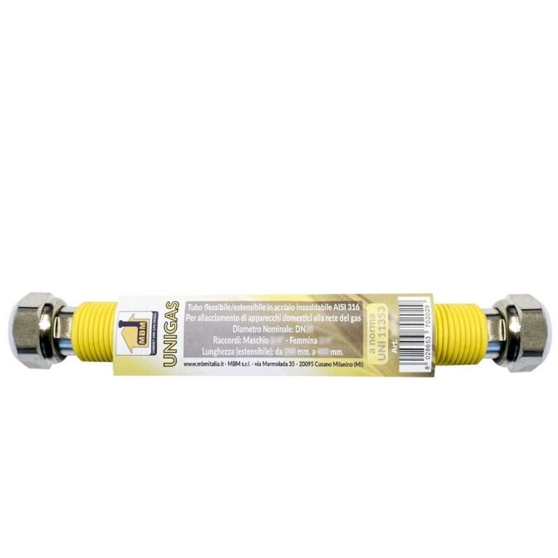 foto del prodotto tubo flessibile gas estensibile inox 1 2 100 200 mm f f giallo inox norma uni 11353