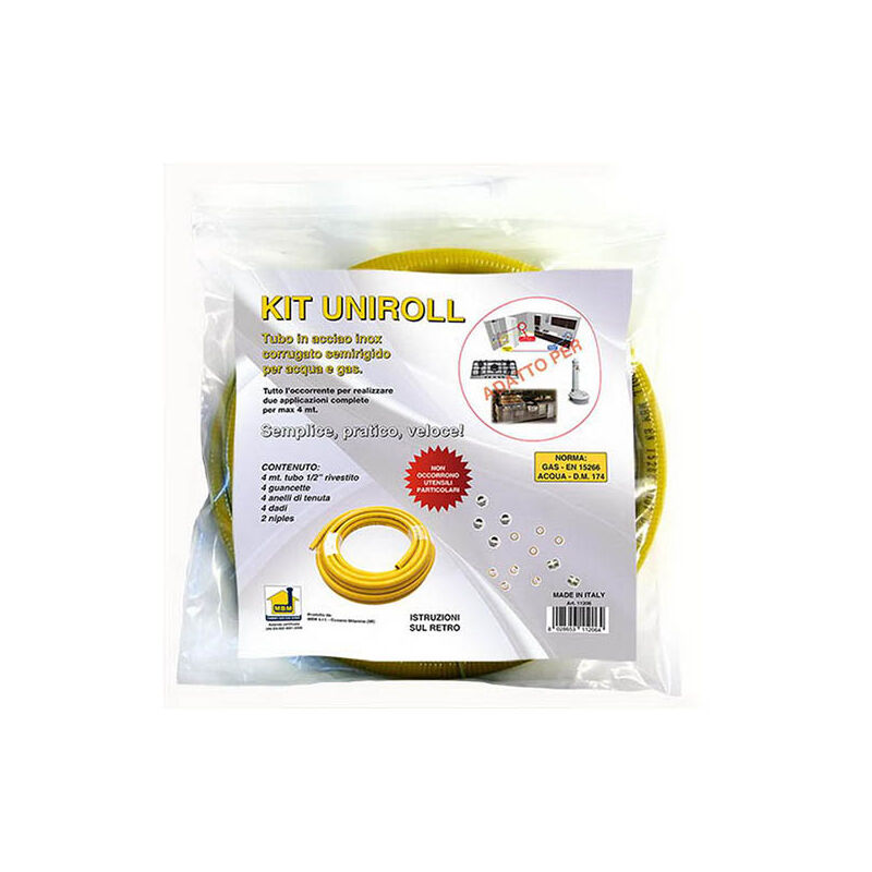 foto del prodotto tubo flessibile gas kit 4 mt. 1/2 dn12 mm. acciaio inox 4 raccordi femmina e tagliatubo