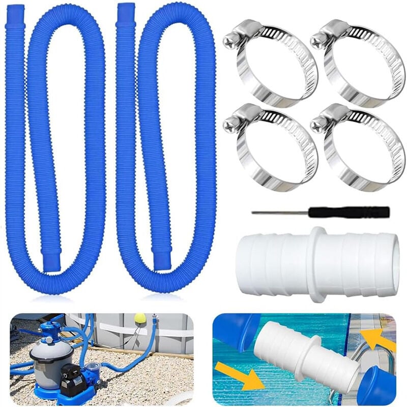 foto del prodotto tubo flessibile per piscina kzq confezione da 2, tubo blu da 32 mm, tubo flessibile per pompa per piscina con 4 morsetti fissi, per piscine fuori