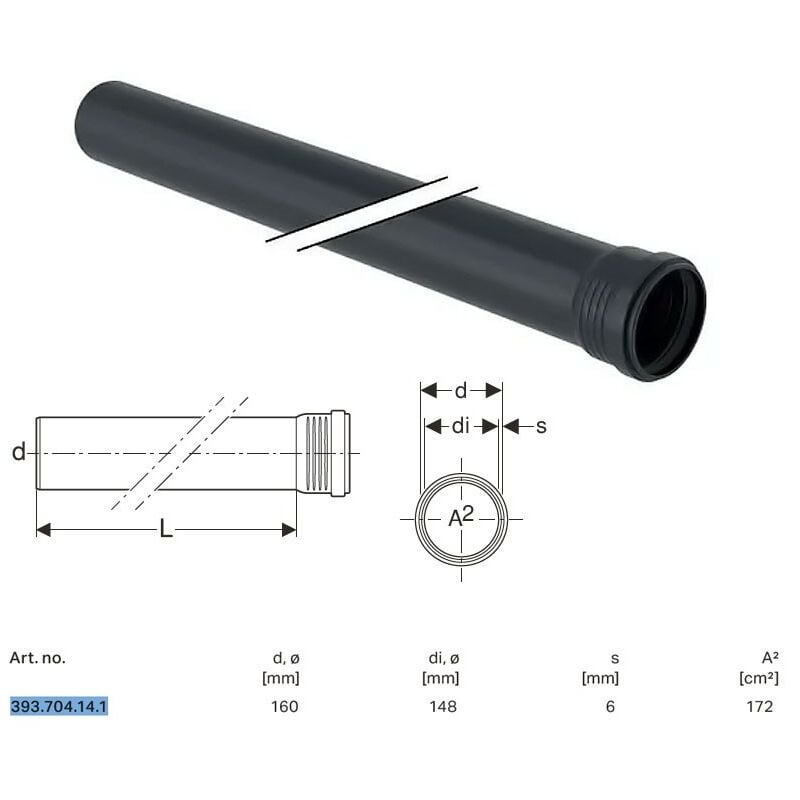 foto del prodotto tubo geberit silent pro con 1 bicchiere 160 l.1000 mm 393.704.14.1