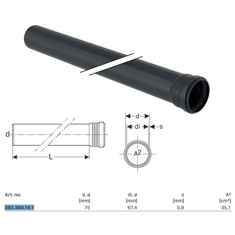 foto del prodotto tubo geberit silent-pro con 1 bicchiere ø75 l.1000 mm 393.304.14.1