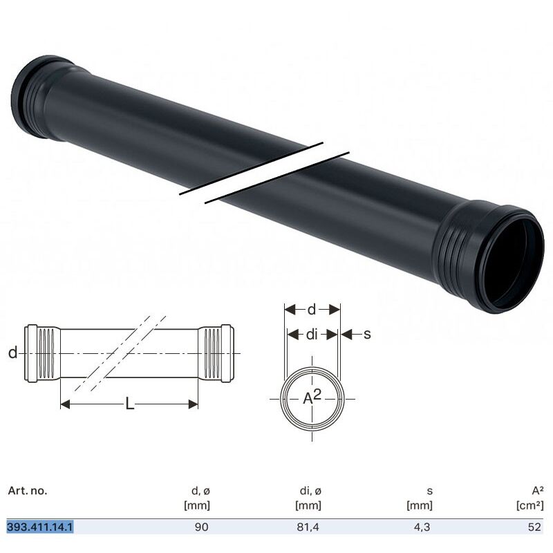 foto del prodotto tubo geberit silent-pro con 2 bicchieri ø90 l.1000 mm 393.411.14.1
