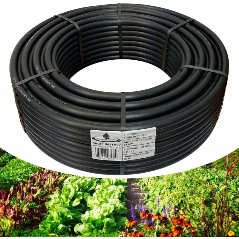 foto del prodotto tubo in polietilene 20 mm. pn6, matassa da 50 mt acquaverde semi rigido a bassa densit pe bd, per irrigazione campi, orto e giardino
