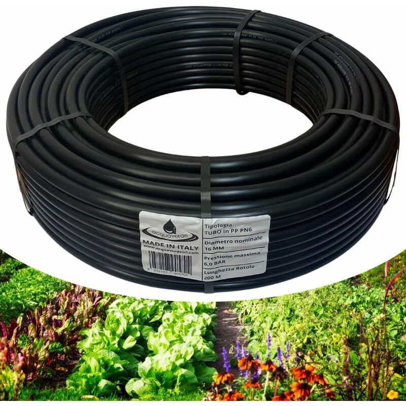 foto del prodotto tubo in polietilene 200 mt 16 mm. pn6 acquaverde semi rigido a bassa densit pe bd, per irrigazione campi, orto e giardino orto facile