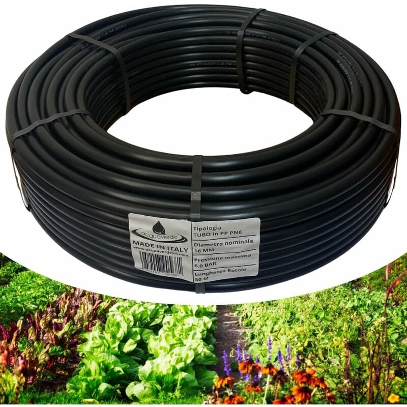 foto del prodotto tubo in polietilene 50 mt 16 mm. pn6, acquaverde, semi rigido a bassa densit pe bd, per irrigazione campi, orto e giardino orto facile