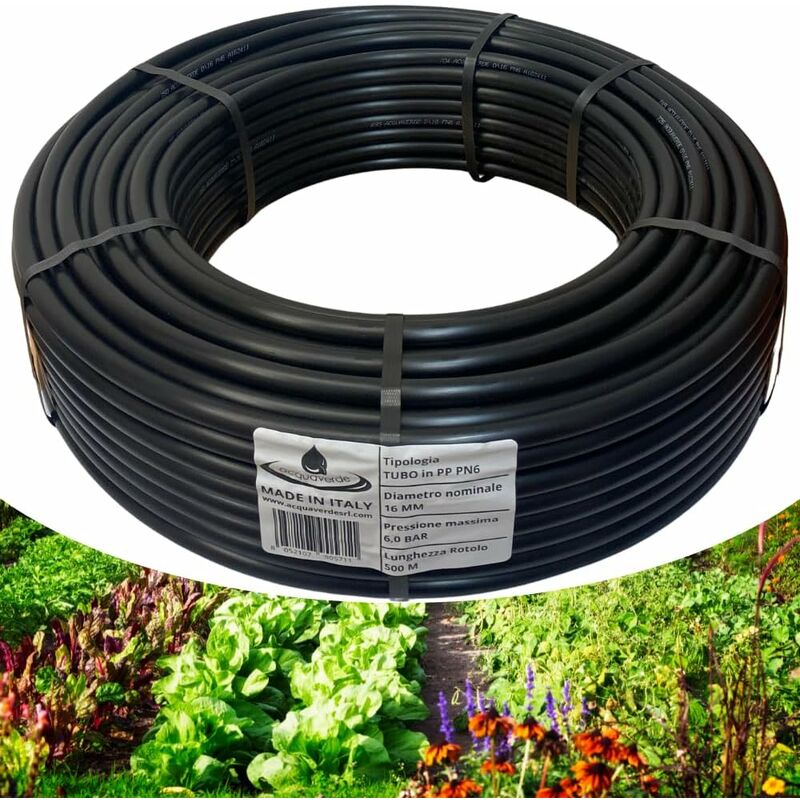 foto del prodotto tubo in polietilene 500 mt 16 mm. pn6 acquaverde semi rigido a bassa densit pe bd, per irrigazione campi, orto e giardino orto facile
