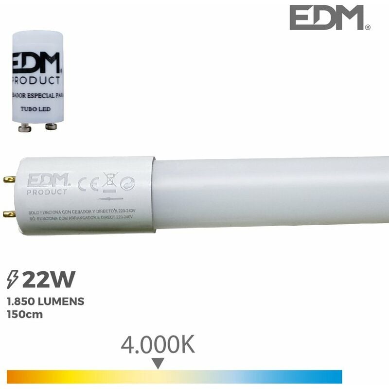 foto del prodotto tubo led t8 22w 2000lm 4000k daylight eq.58w 2,6x150cm edm