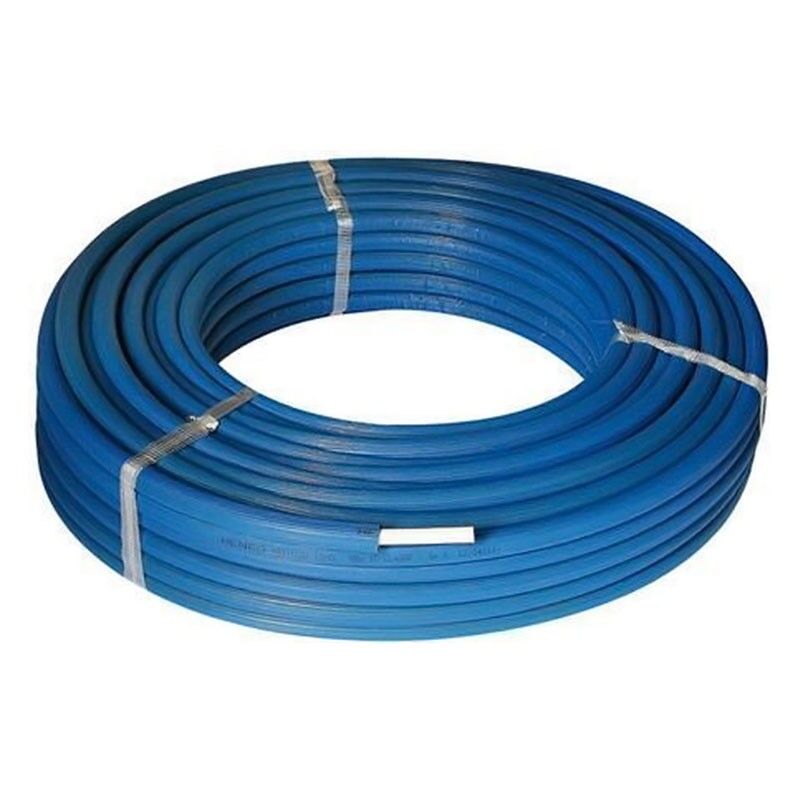 foto del prodotto tubo multistrato blu 16x2 mm in rotolo da 100 mt standard pe xc al pe xc con isolamento di spessore 6 mm con guaina blu o rossa goffrata. tubo con