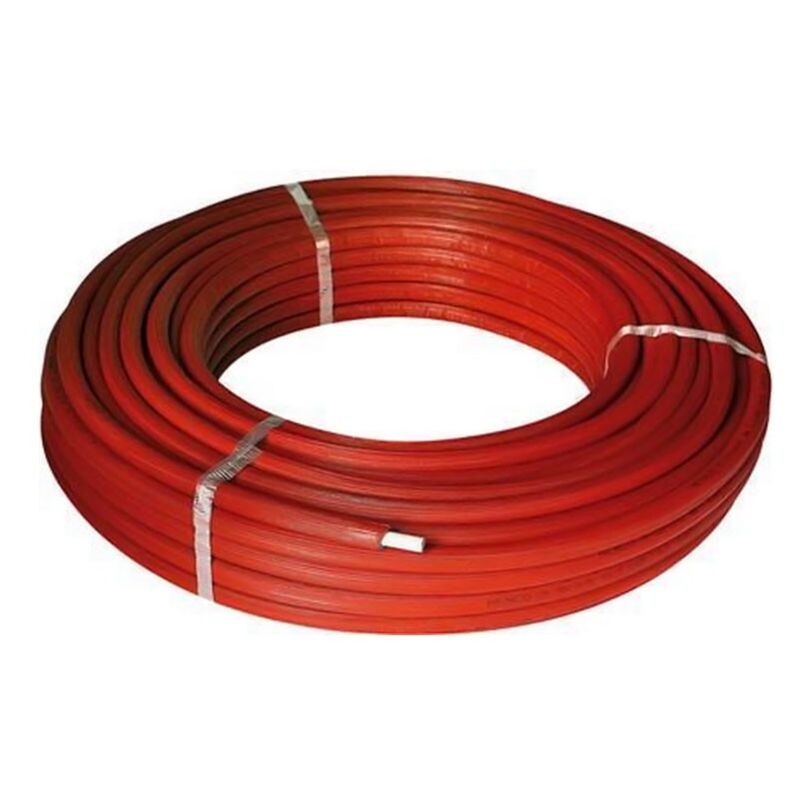 foto del prodotto tubo multistrato rosso 16x2 mm in rotolo da 100 mt standard pe xc al pe xc con isolamento di spessore 6 mm con guaina blu o rossa goffrata. tubo