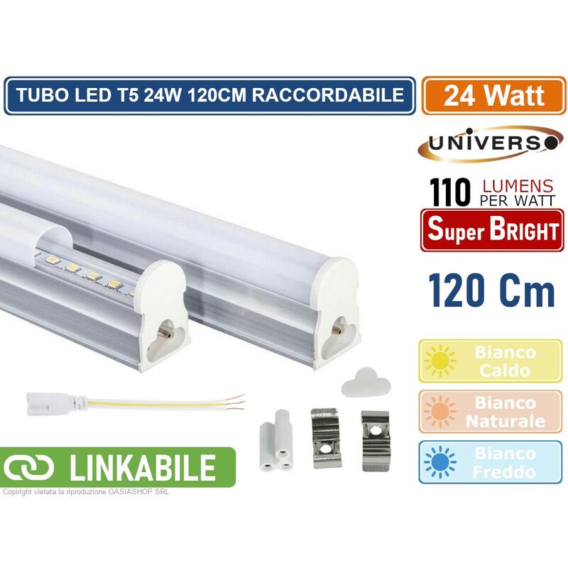 foto del prodotto tubo neon led smd t5 plafoniera raccordabile da 120cm 24 watt 2640 lumen colore luce bianco freddo